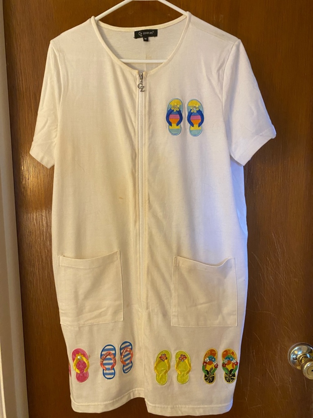 3/$15.  Casual Cover-up for swimming with Flip Flop Appliqués - White, zips